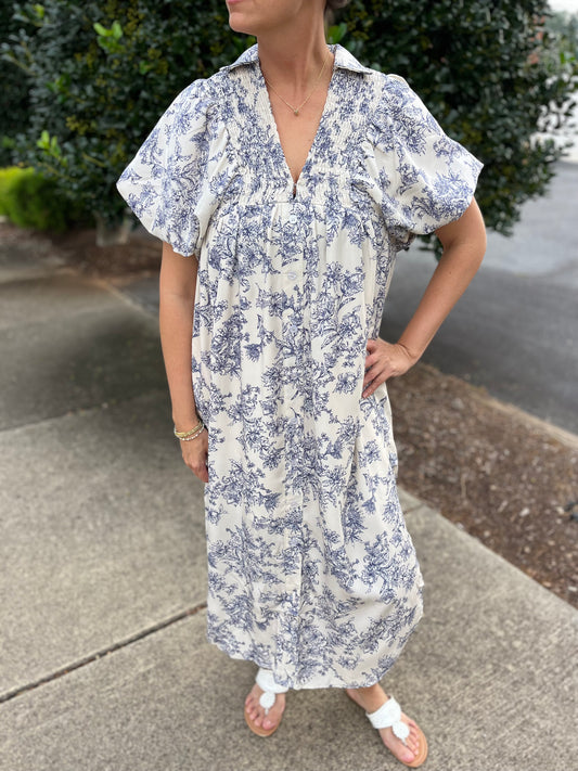 Cream and Blue Floral Dress