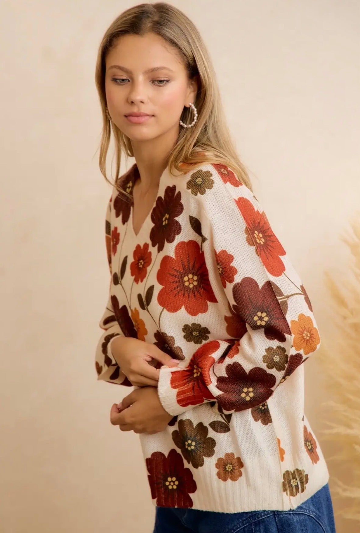 Retro Floral Printed V Neck Relaxed Fit Knit Sweater - Brown Mix