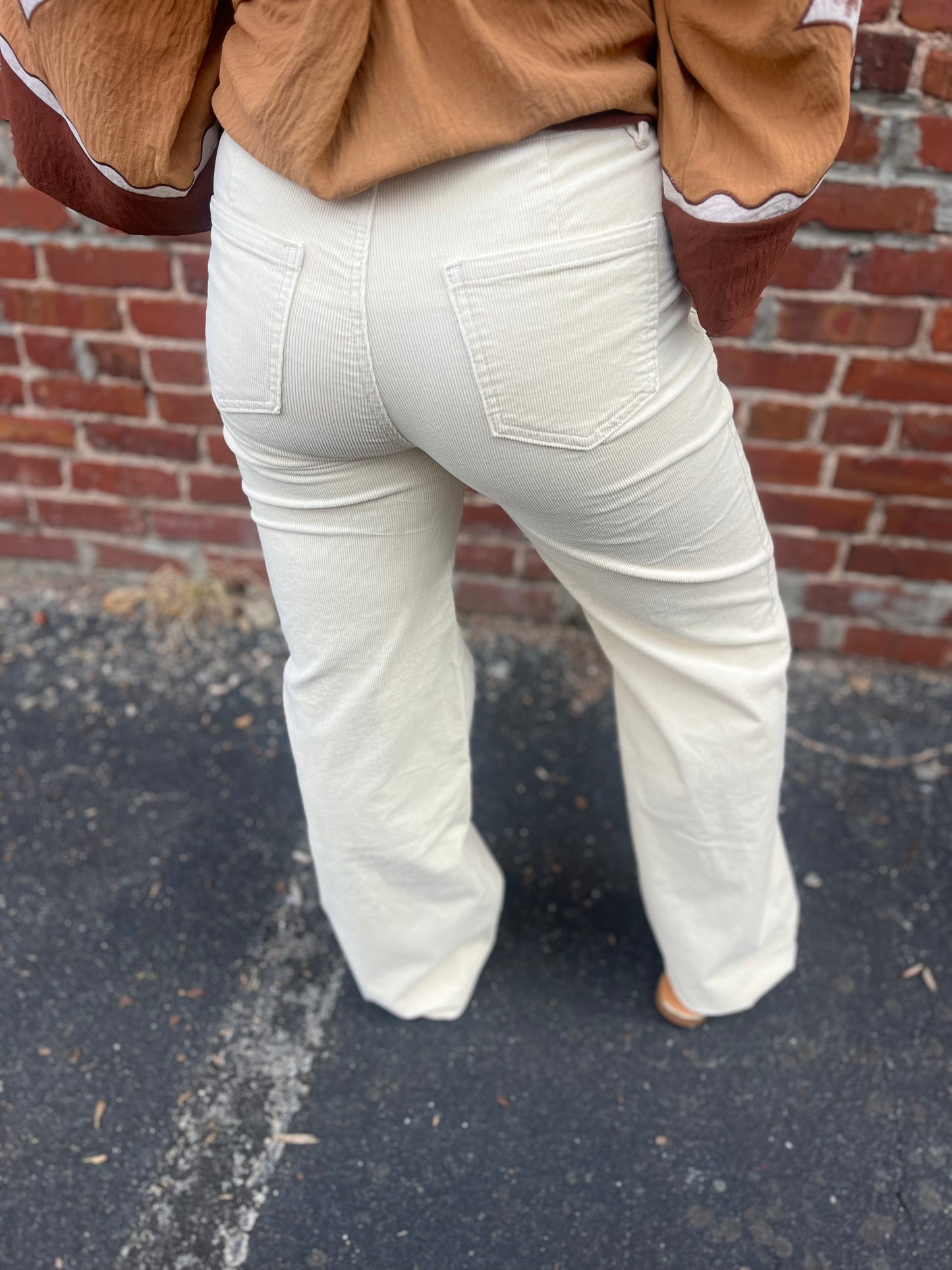 Ecru Corduroy Straight Leg Jeans with Marine Pockets