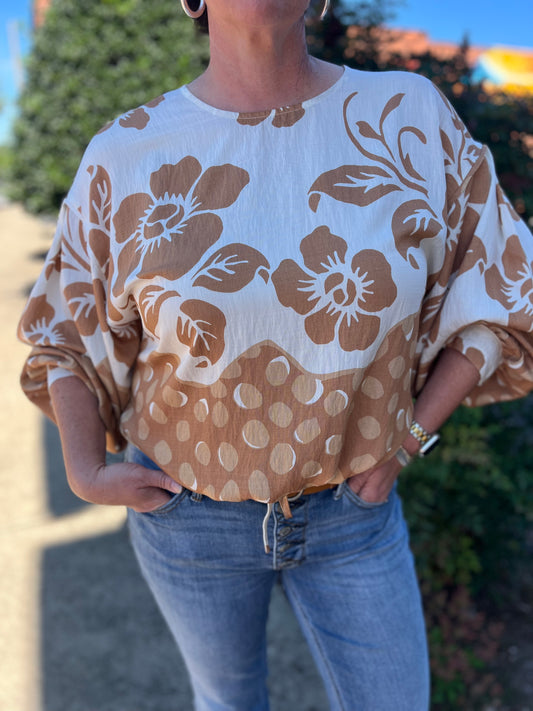 Umgee Latte Mix Floral Balloon Sleeve Top – Adjustable Drawstring Hem Blouse