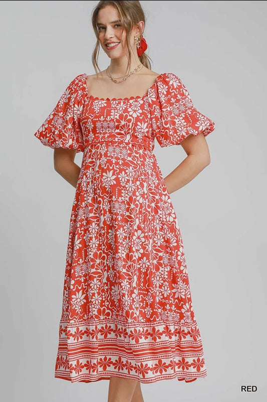 UMGEE RED ABSTRACT PRINT BORDER MIDI DRESS