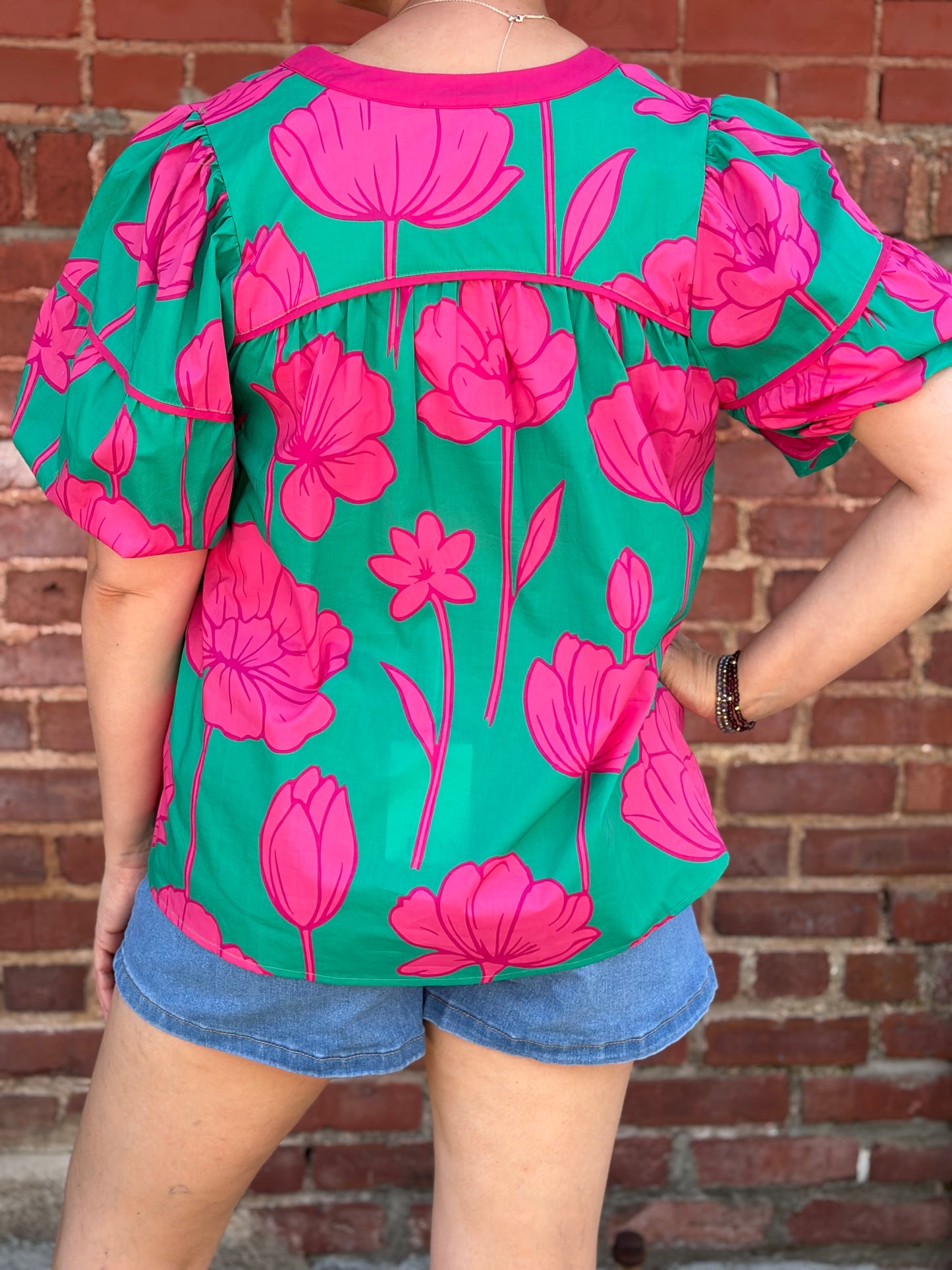 Umgee Floral Puff Sleeve Blouse – Green & Pink Cotton V-Neck Top