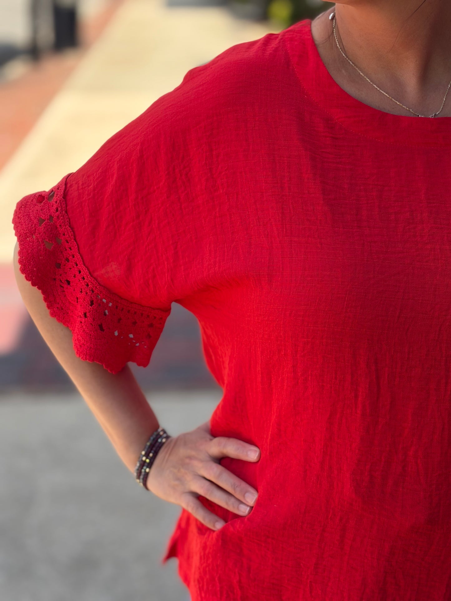 Umgee Tomato Red Crochet Trim Flutter Sleeve Top – Relaxed Fit Boutique Blouse
