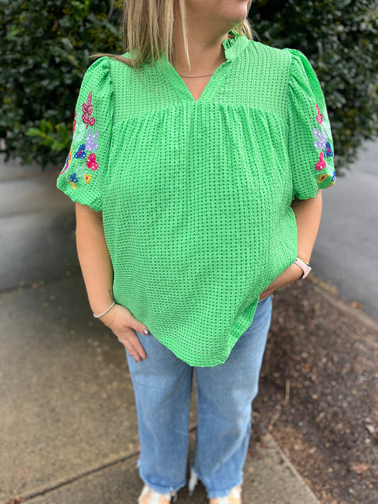 PLUS Umgee Green Ruffle Neck Top with Embroidery