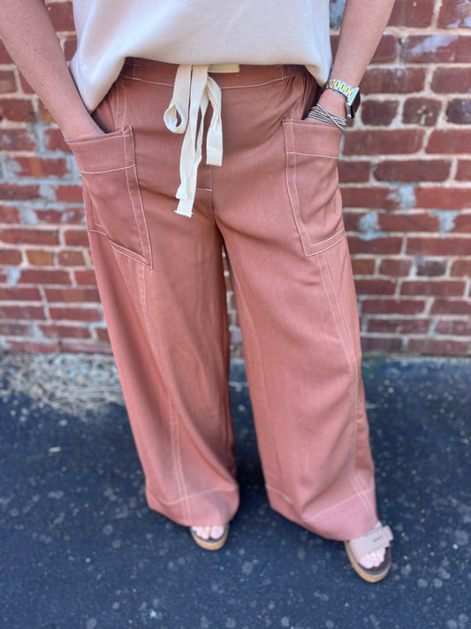 Contrast Stitch Wide Leg Pant - Clay
