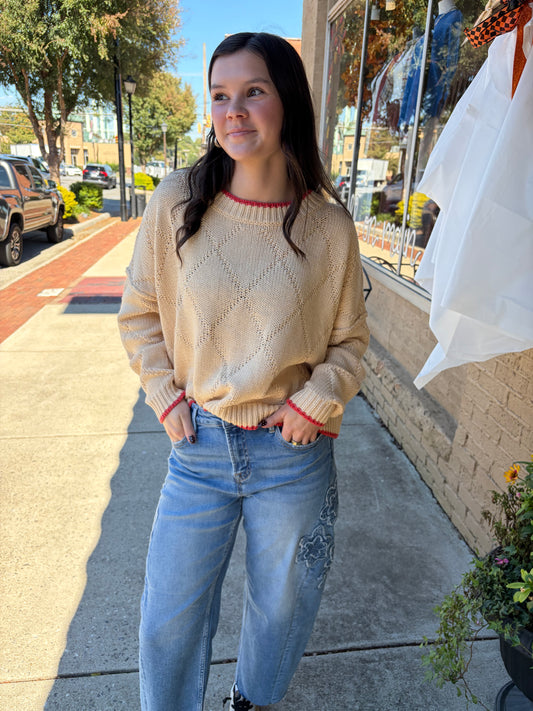 Oatmeal Diamond Knit Pullover Sweater