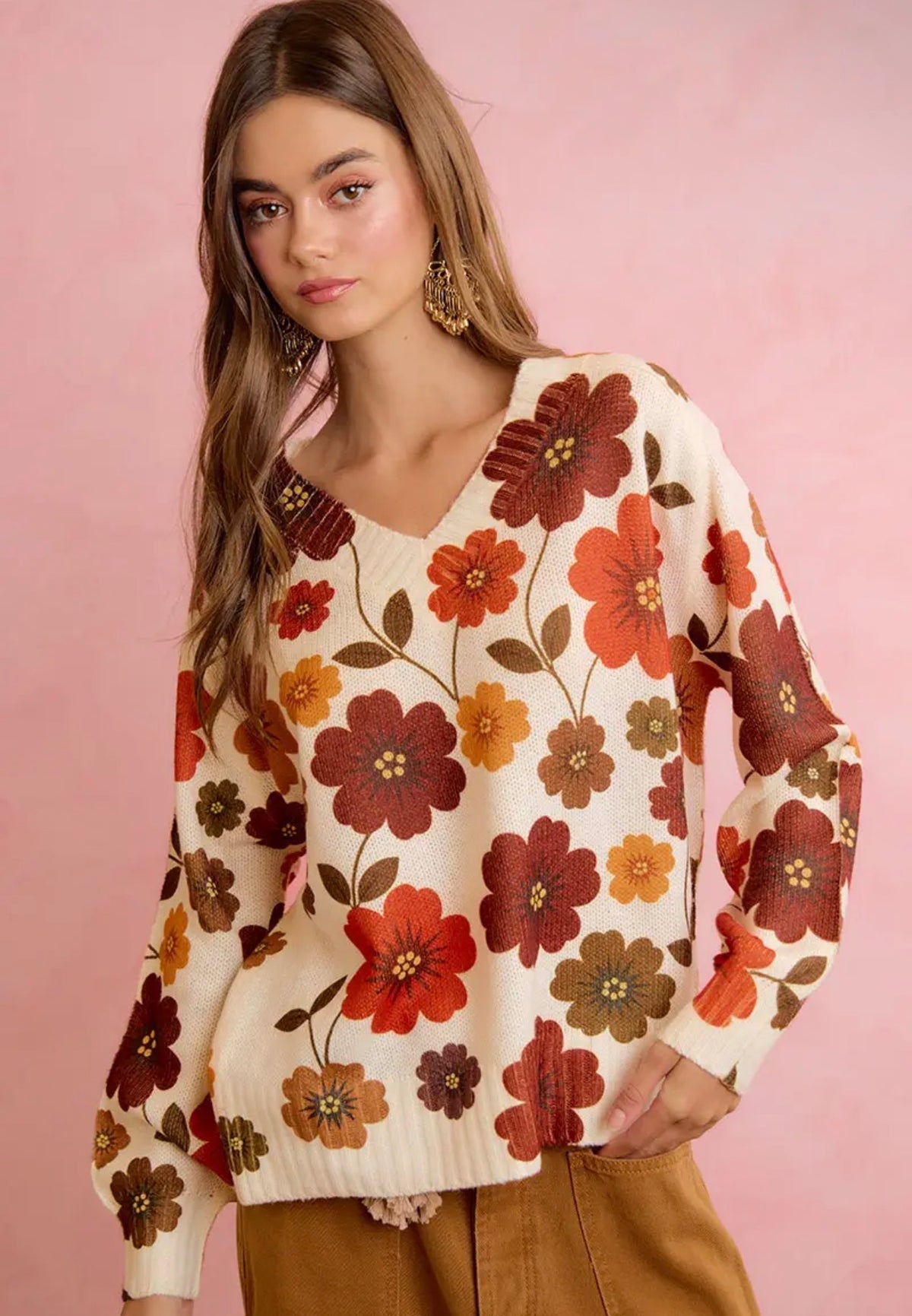 Retro Floral Printed V Neck Relaxed Fit Knit Sweater - Brown Mix