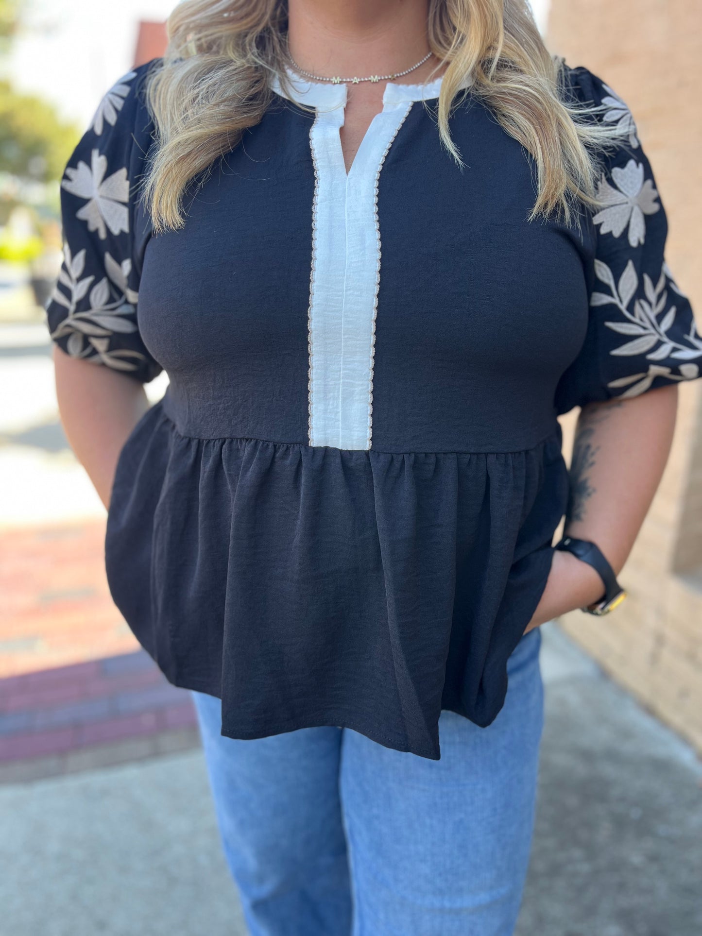 PLUS Oddi Puff Sleeve Peplum Blouse [Black] – Fall & Winter Tops