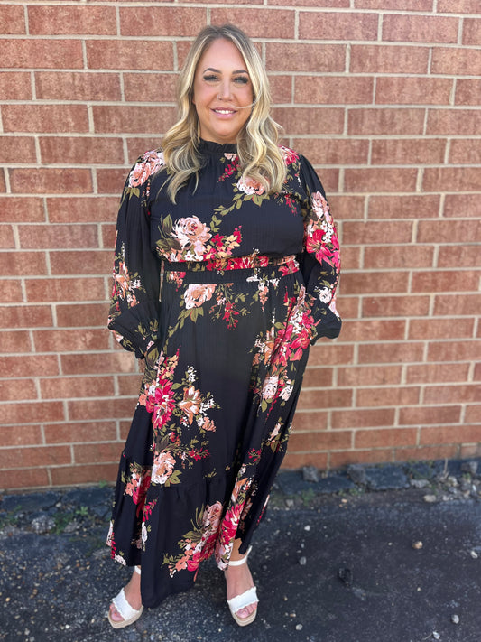 PLUS Black Mix Floral Ruffle Neck Tiered Midi Dress
