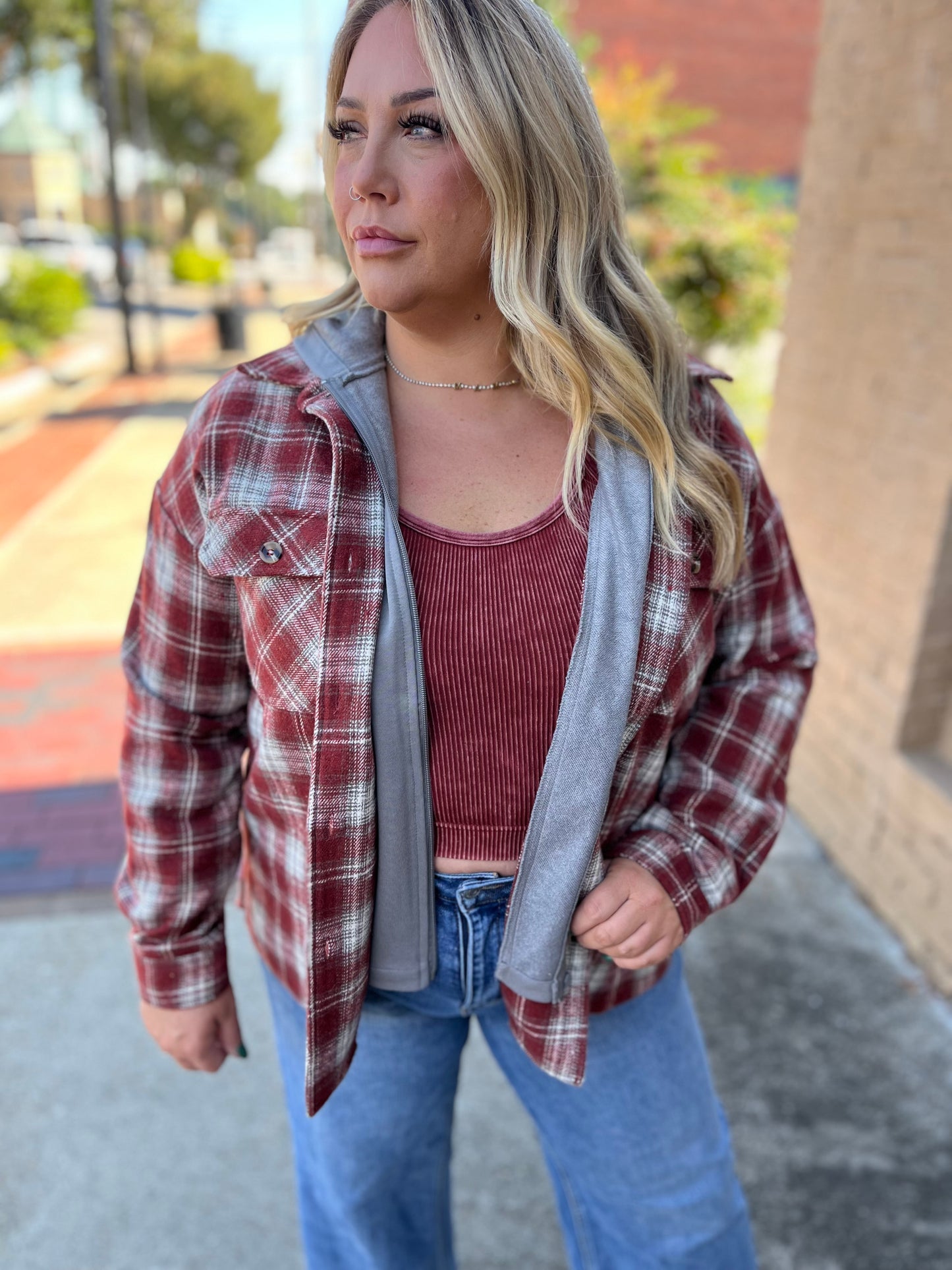 Staccato Plaid Hoodie Zip-Up Shacket