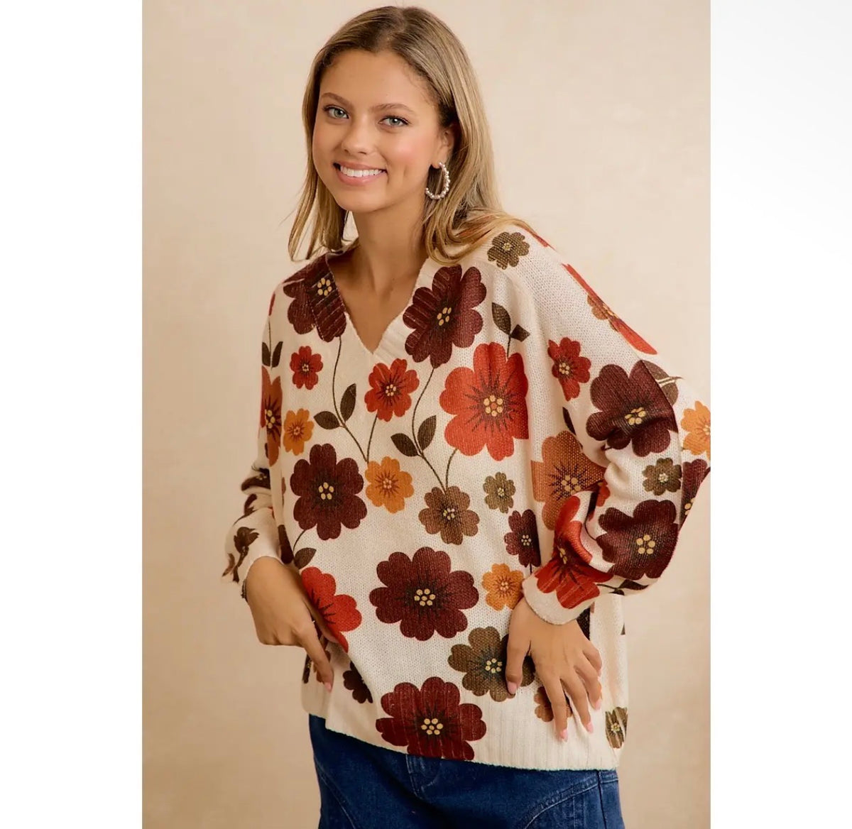 Retro Floral Printed V Neck Relaxed Fit Knit Sweater - Brown Mix
