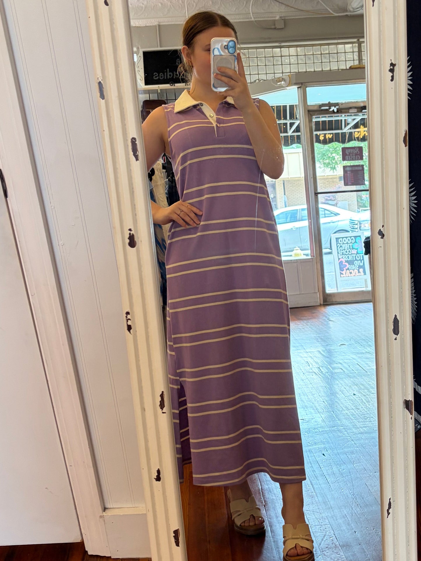 Entro Lavender Striped Sleeveless Midi Dress with Contrast Collar