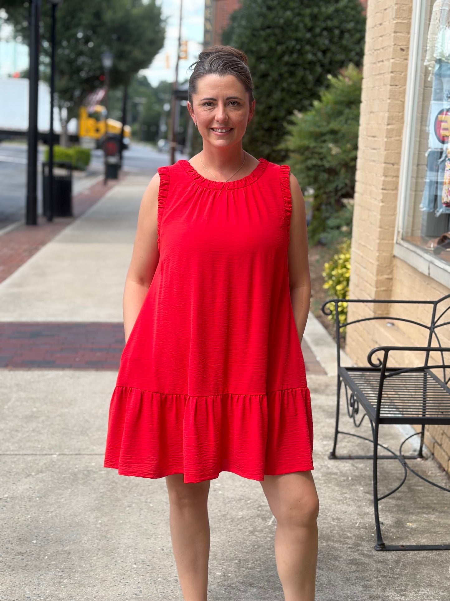 Umgee Tomato Red Sleeveless Ruffle Trim Mini Dress – Drop Waist Dress with Pockets