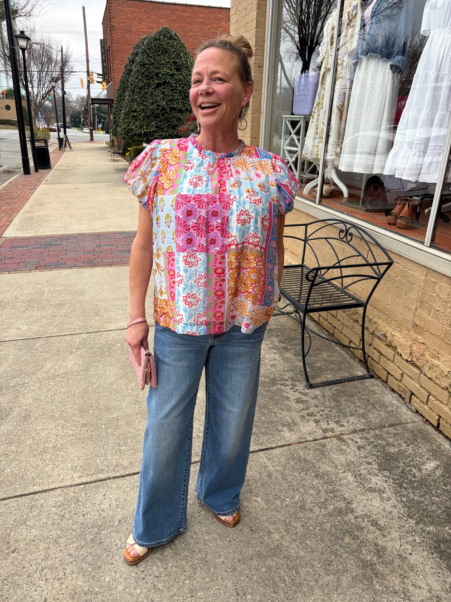 Umgee Pink Mix Patchwork Puff Sleeve Top – Pin-Tuck Lined Blouse