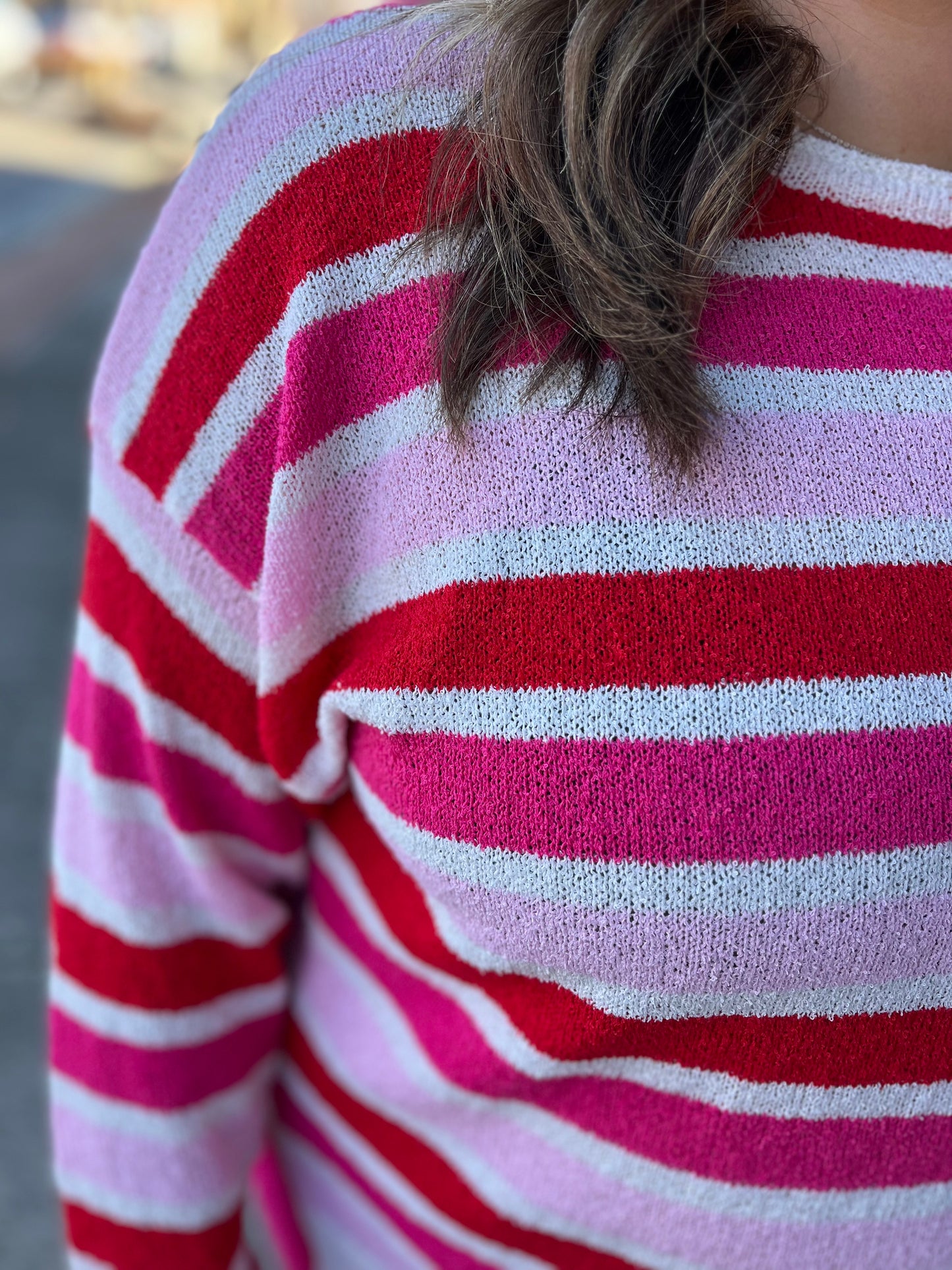 PLUS Haptics Red & Pink Stripe Knit Oversized Sweater