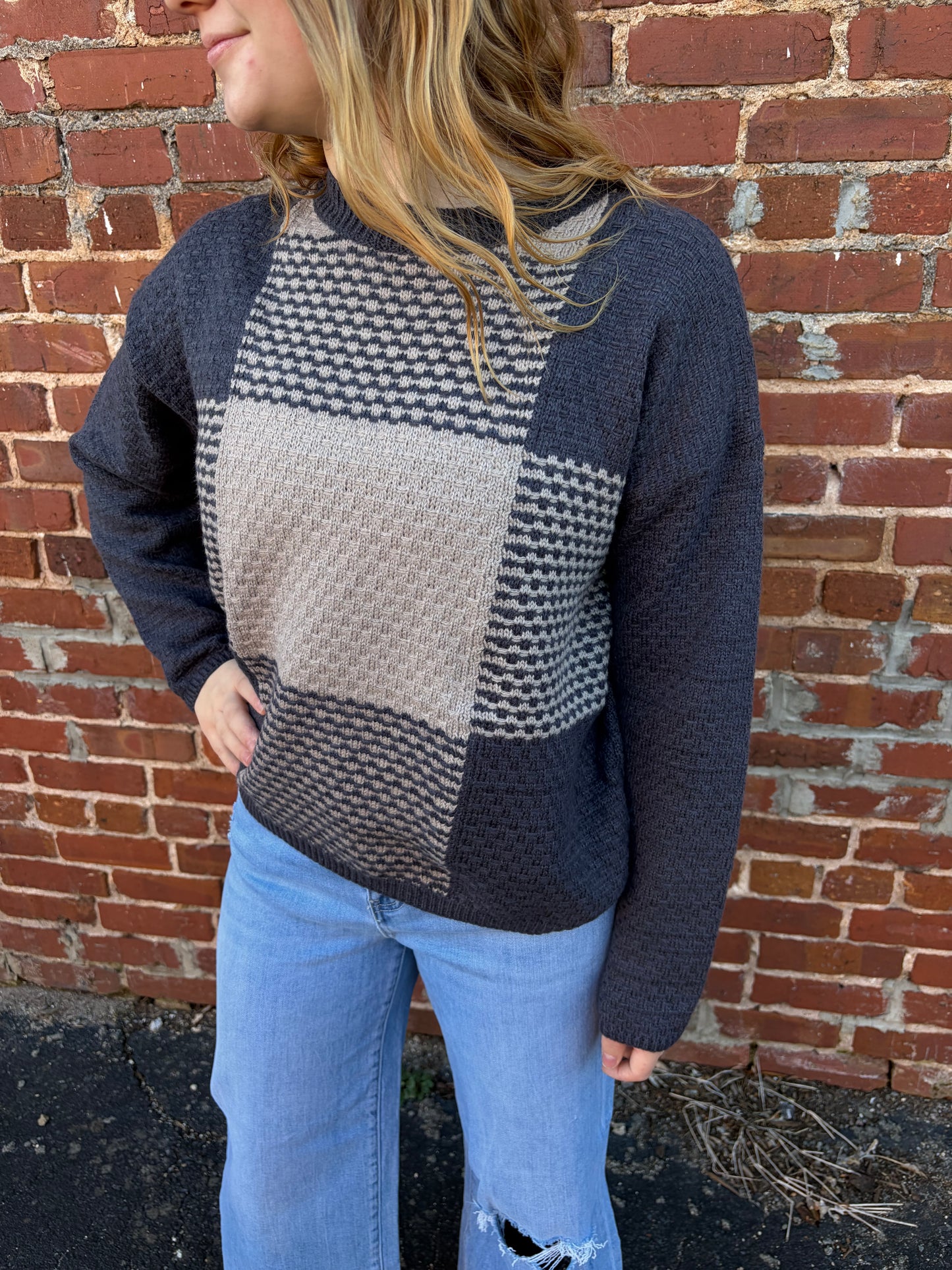 Madelyn Textured Color Block Crew Neck Sweater – Grey & Khaki