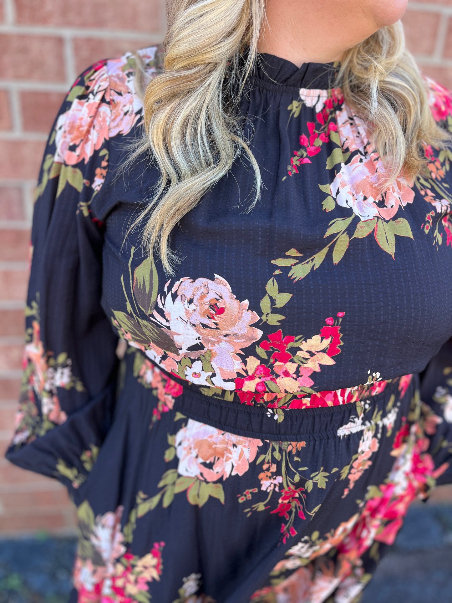 PLUS Black Mix Floral Ruffle Neck Tiered Midi Dress