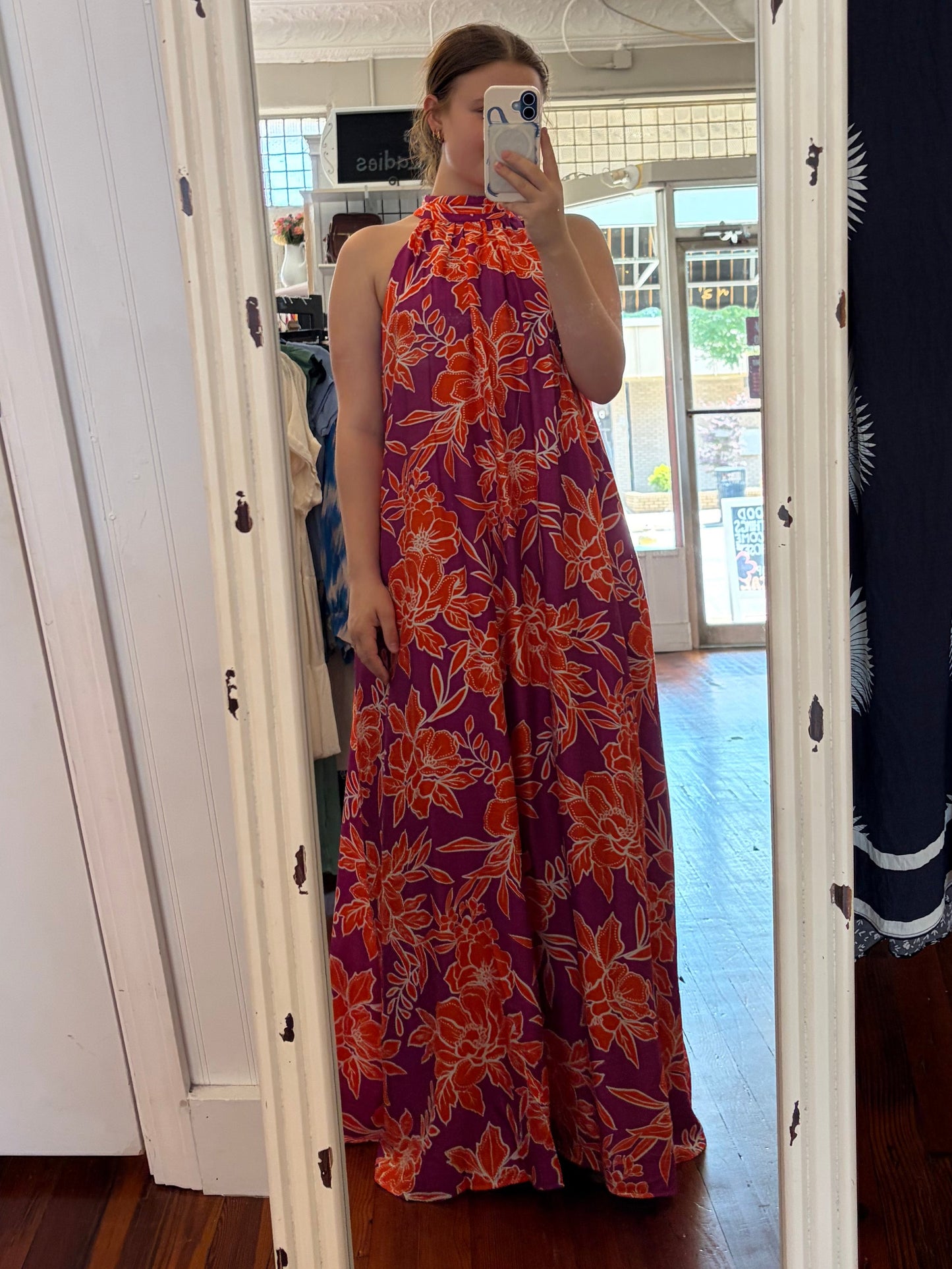 Entro Plum Floral Tie Neck Maxi Dress