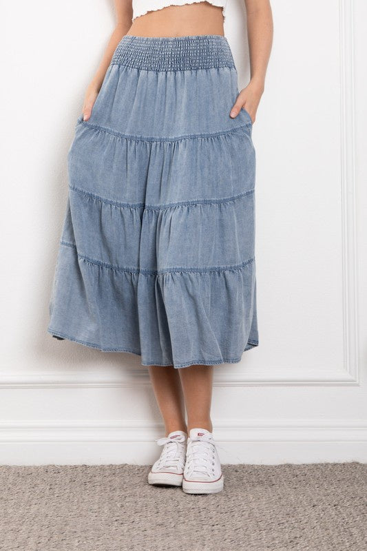 Light Denim Smocked Waist Tiered Ruffle Skirt – Women’s Midi/Maxi