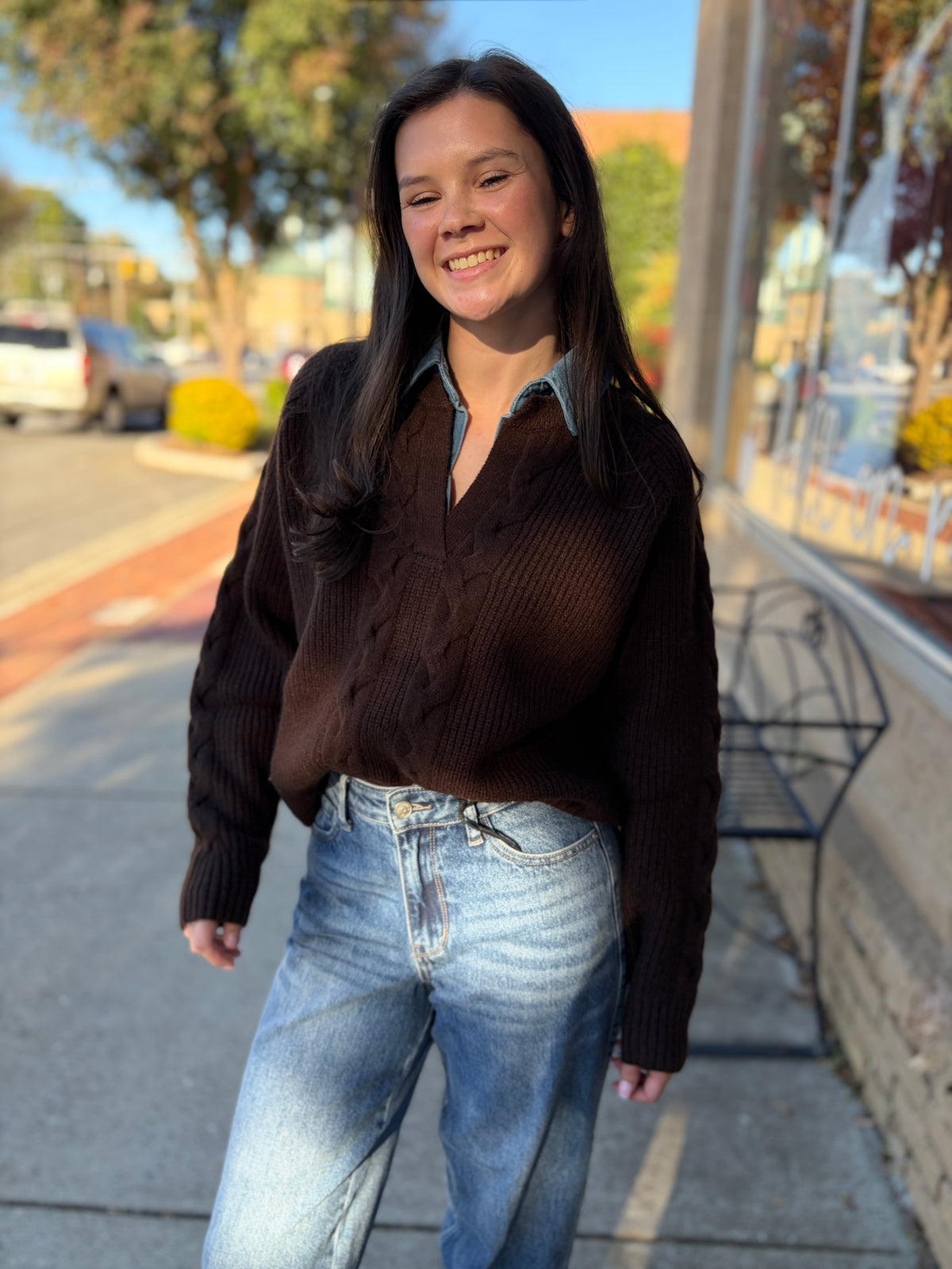 She and Sky Brown Cable Knit Sweater with Washed Denim Collar