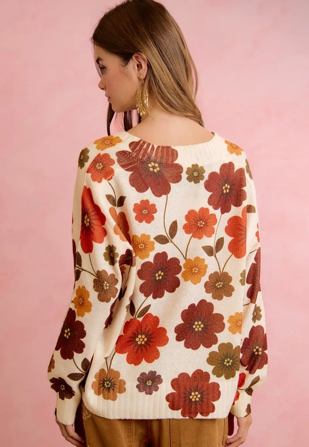 Retro Floral Printed V Neck Relaxed Fit Knit Sweater - Brown Mix