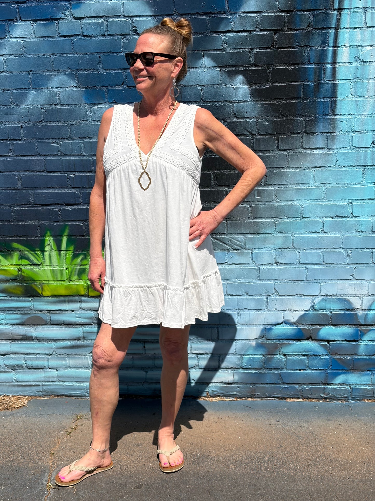 White Slub Knit Crochet Lace Trim Dress