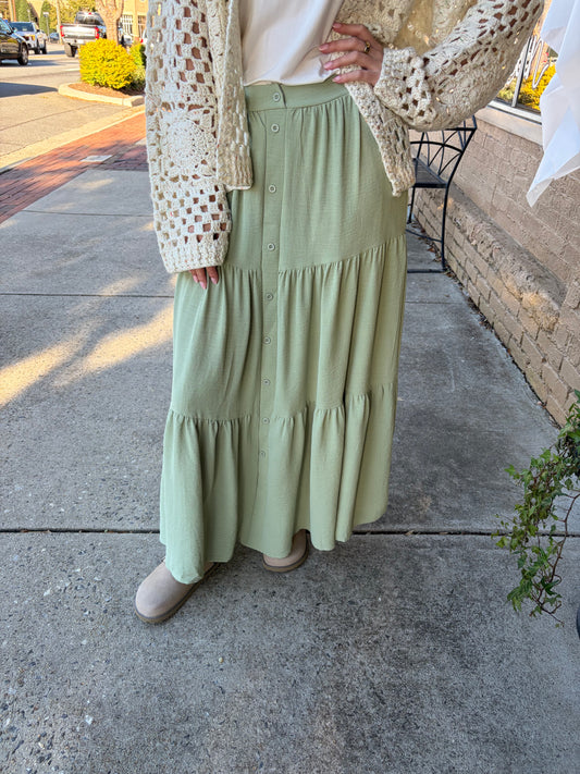 Button Front Tiered Maxi Skirt - Light Sage