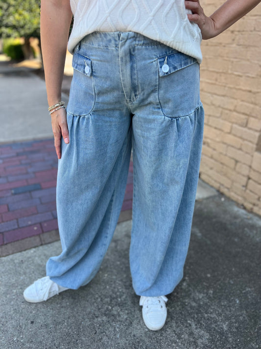 MINERAL WASHED DENIM WIDE LEG CINCH PANTS