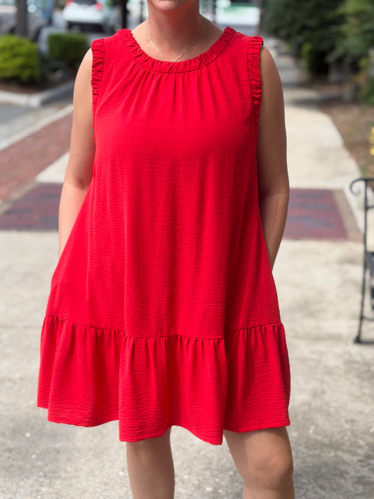 Umgee Tomato Red Sleeveless Ruffle Trim Mini Dress – Drop Waist Dress with Pockets