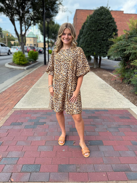 Umgee Leopard Print Babydoll Dress with Pockets