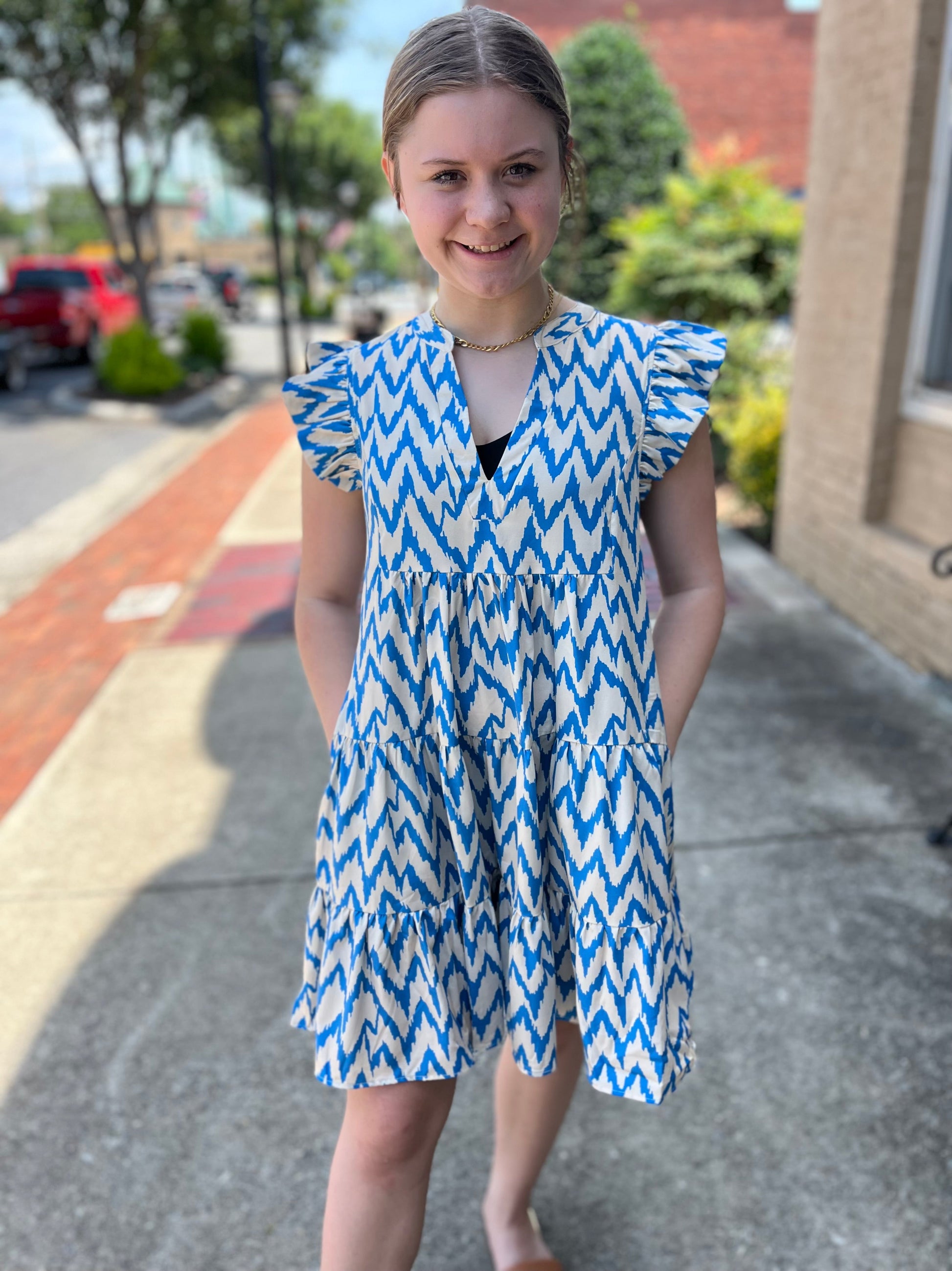 Umgee Blue Chevron Print Ruffle Sleeve Dress Umgee