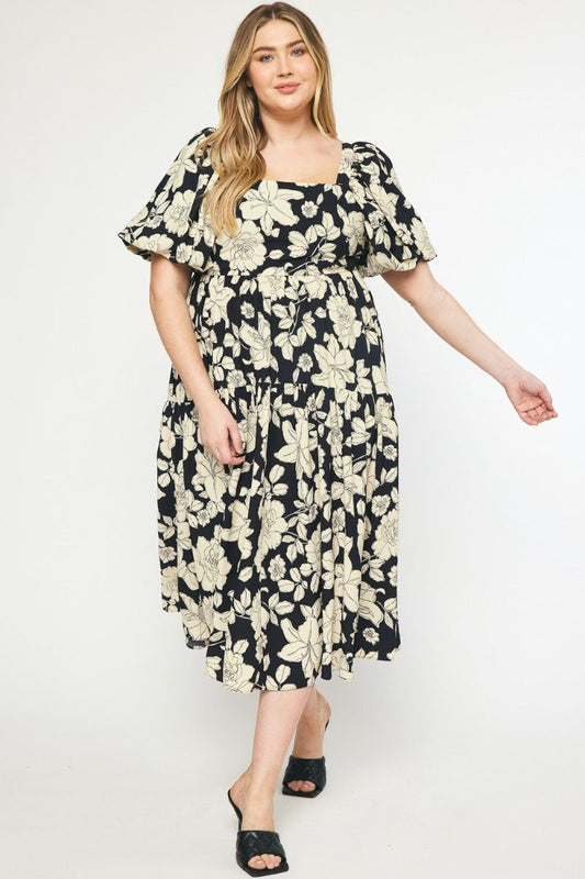 PLUS Black and Cream Floral Midi Dress with Puff Sleeve