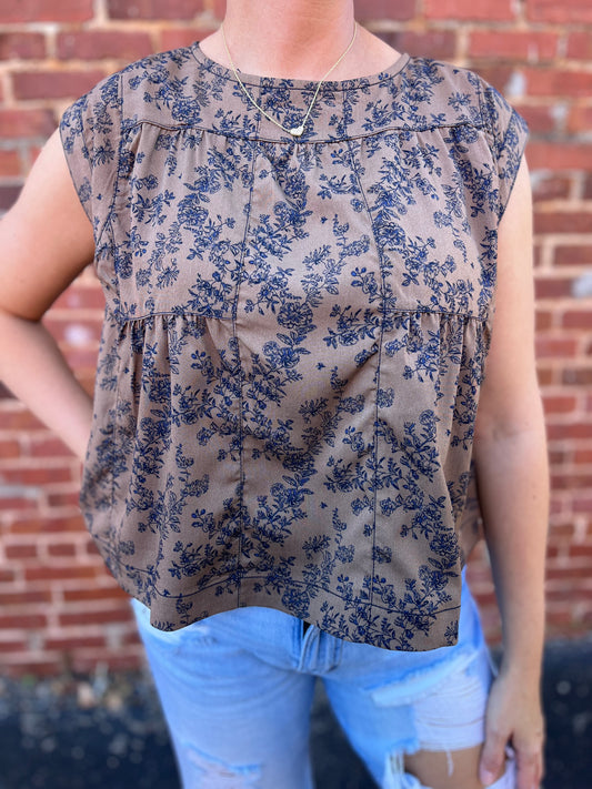 Coffee Floral Cap Sleeve Blouse