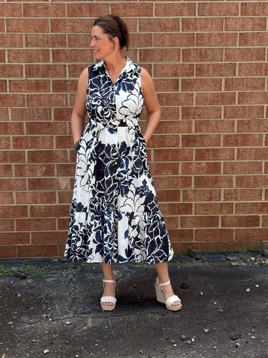 Entro Navy Floral Print Sleeveless Midi Dress with Tie Waist