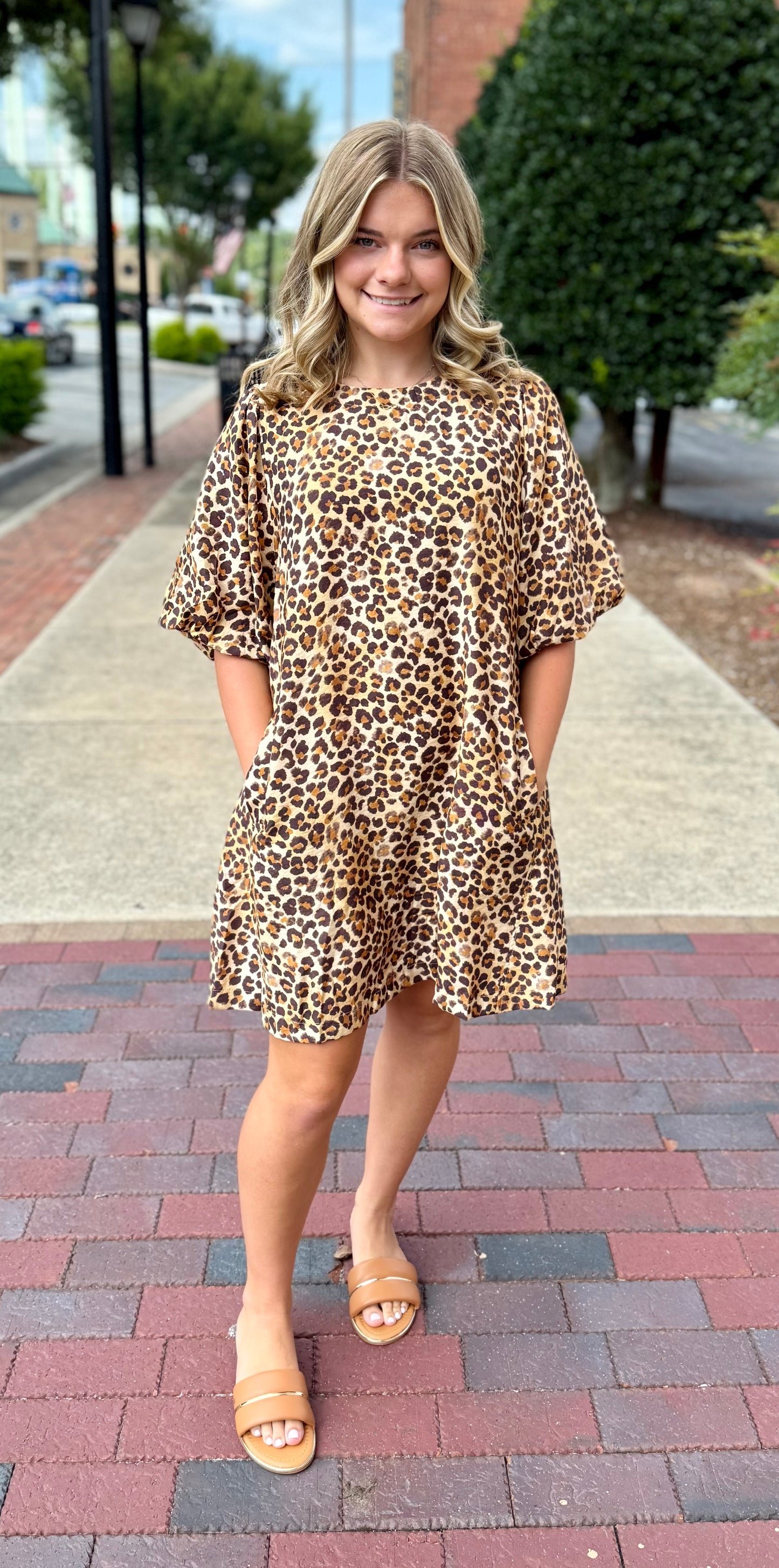 Umgee Leopard Print Babydoll Dress with Pockets