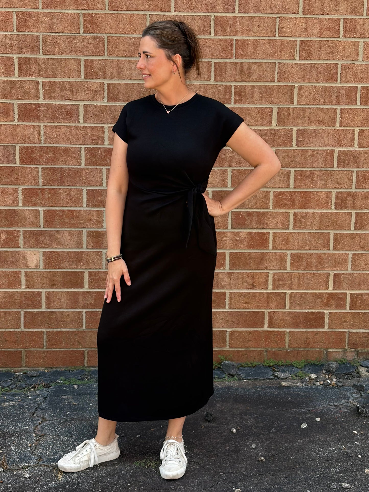 Entro Black Wrap-Style Side Tie Midi Dress