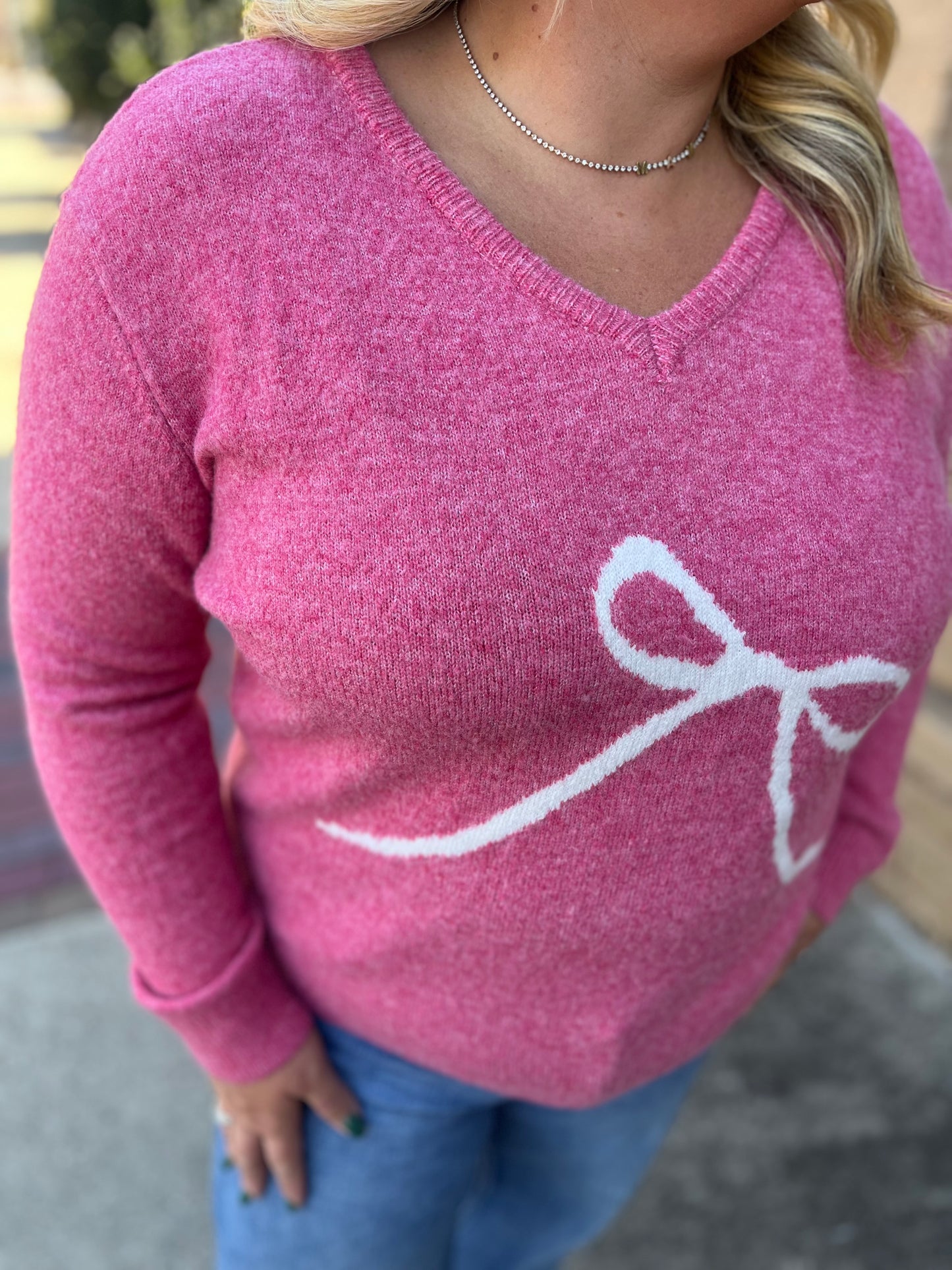Staccato Pink Bow Print V-Neck Sweater