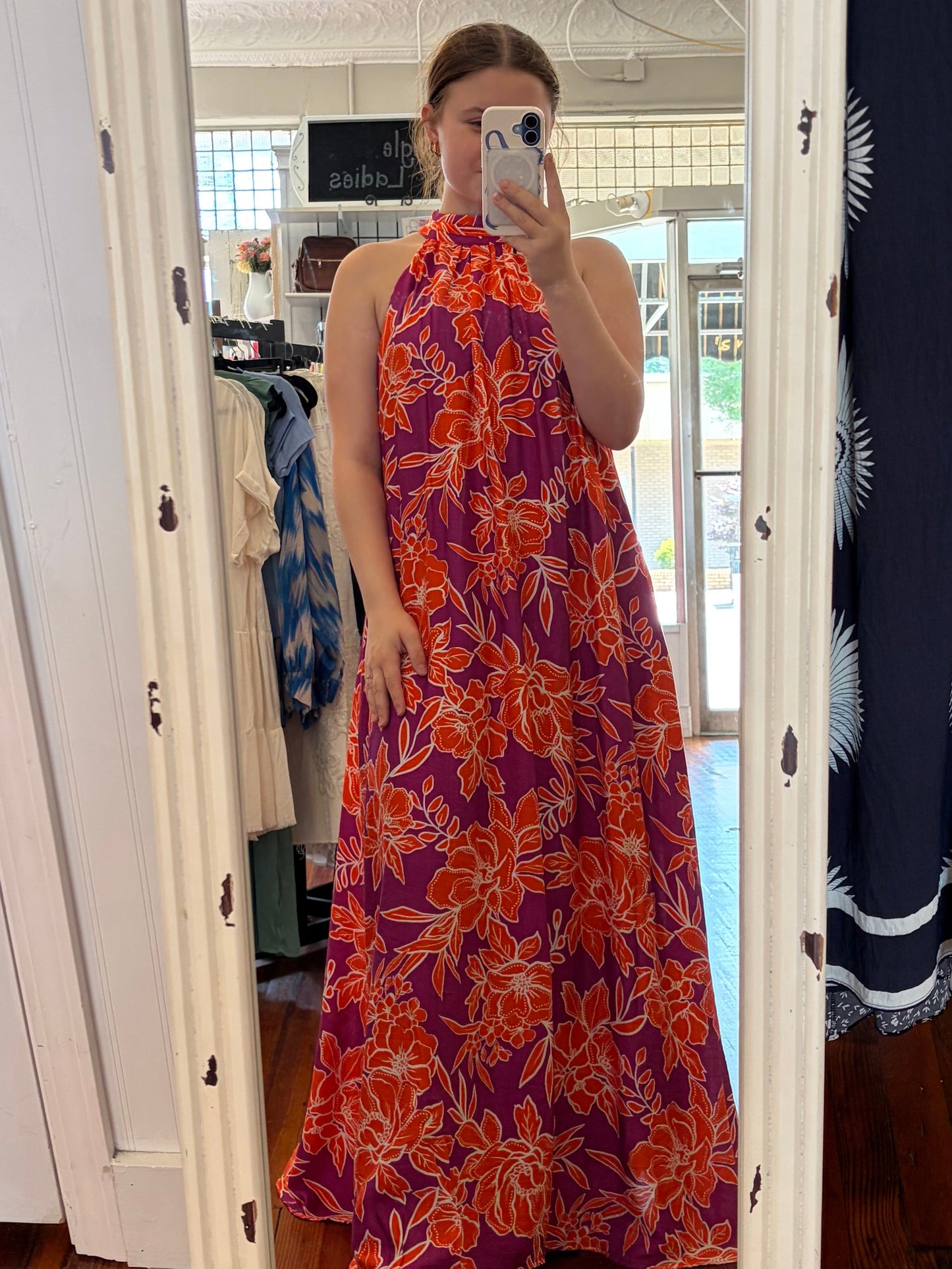 Entro Plum Floral Tie Neck Maxi Dress