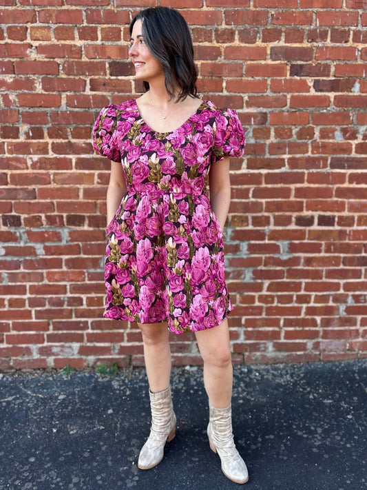 Entro Berry Rose Puff Sleeve Mini Dress