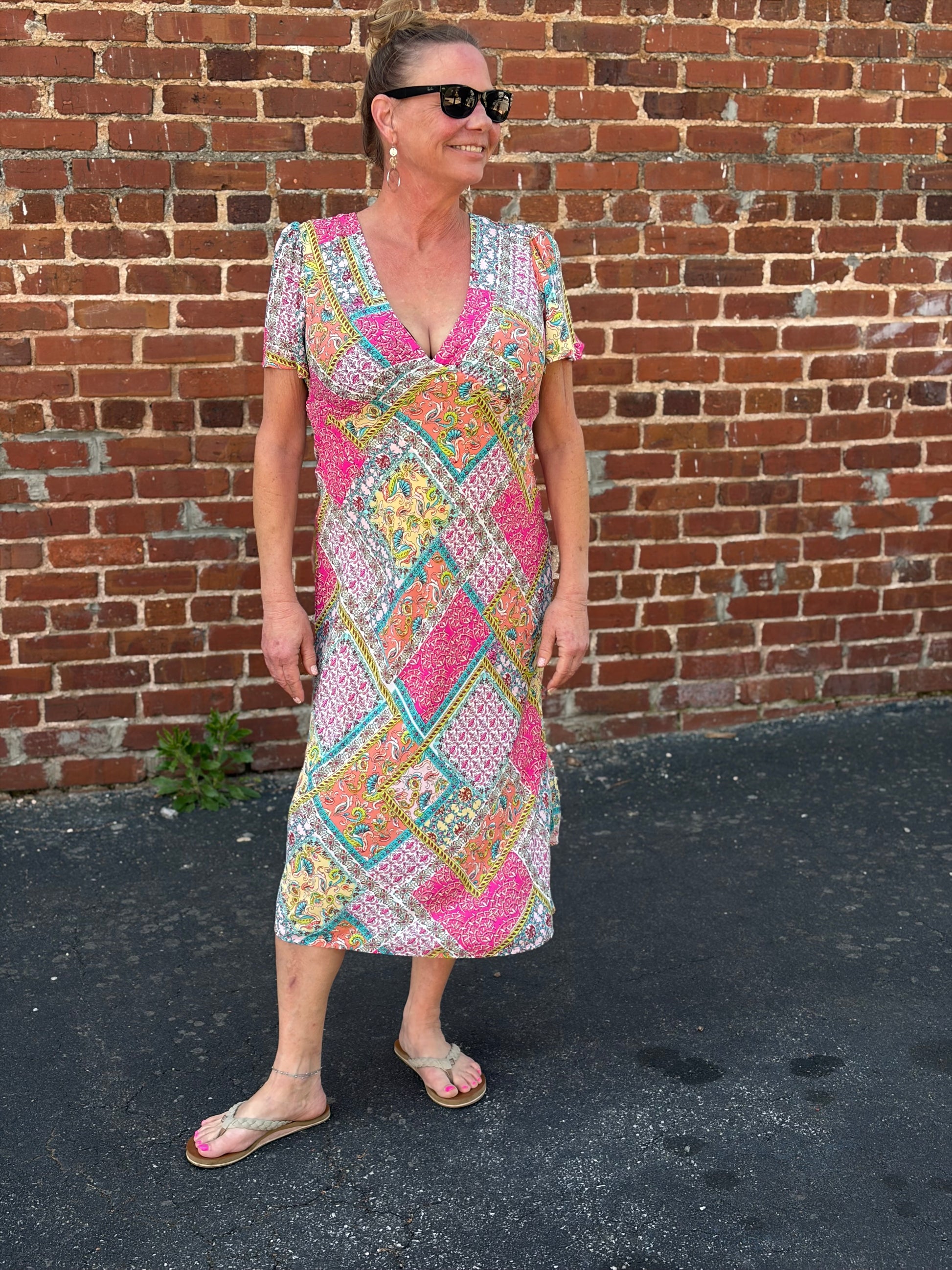 Georgette Patchwork V-Neck Maxi Dress Orange/Pink Combo - S Georgette Patchwork V-Neck Maxi Dress Orange/Pink Combo - S
