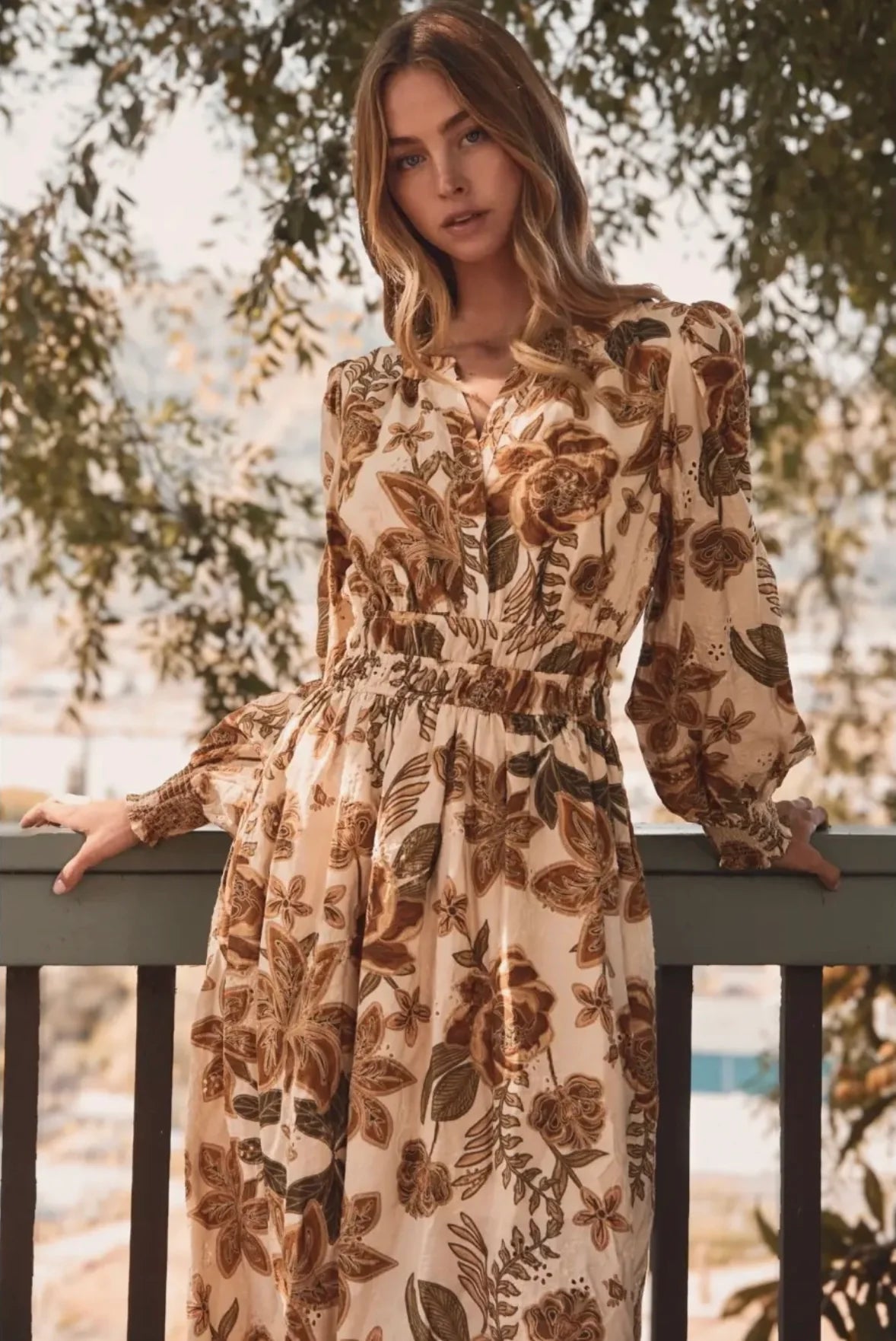 ODDI Sand Floral Print Midi Dress