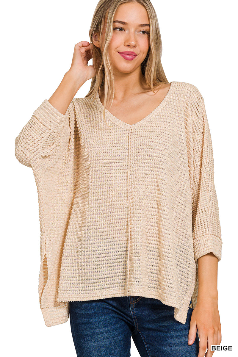 3/4 SLEEVE V-NECK HI-LOW HEM JACQUARD SWEATER