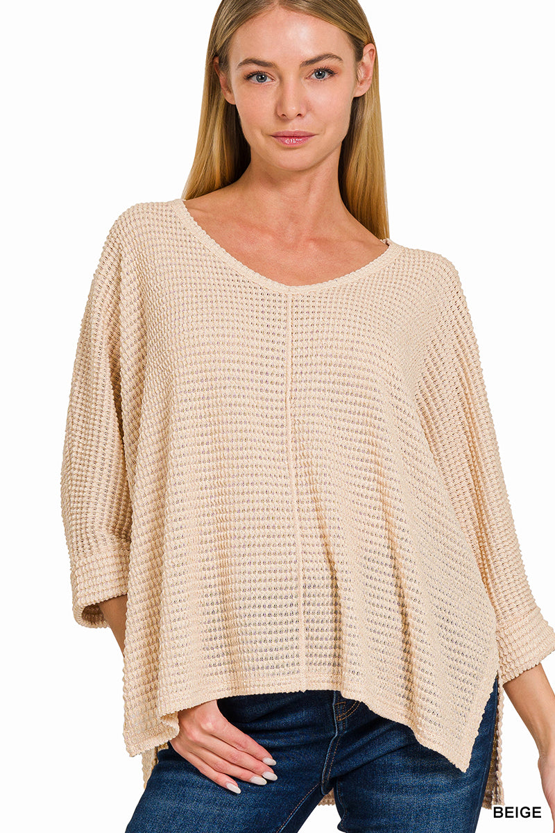 3/4 SLEEVE V-NECK HI-LOW HEM JACQUARD SWEATER