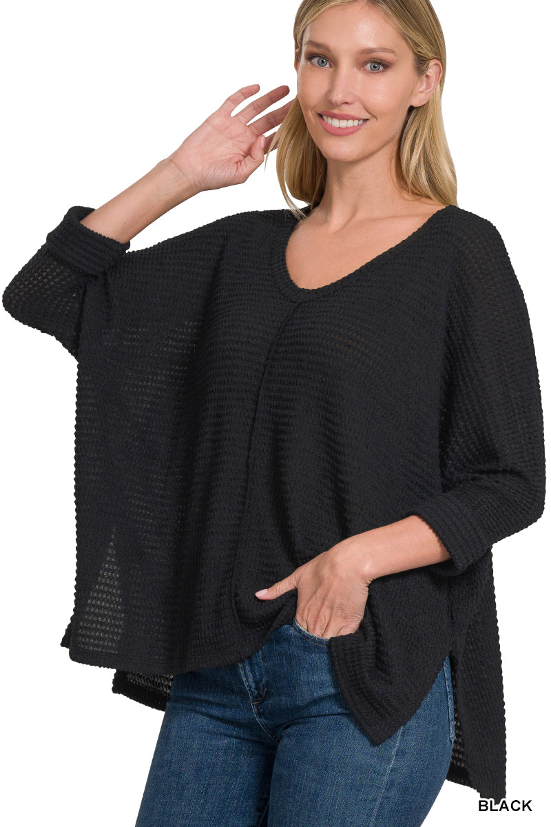 3/4 SLEEVE V-NECK HI-LOW HEM JACQUARD SWEATER