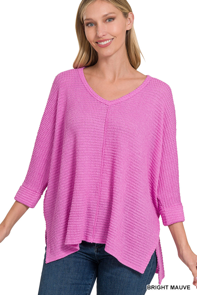 3/4 SLEEVE V-NECK HI-LOW HEM JACQUARD SWEATER