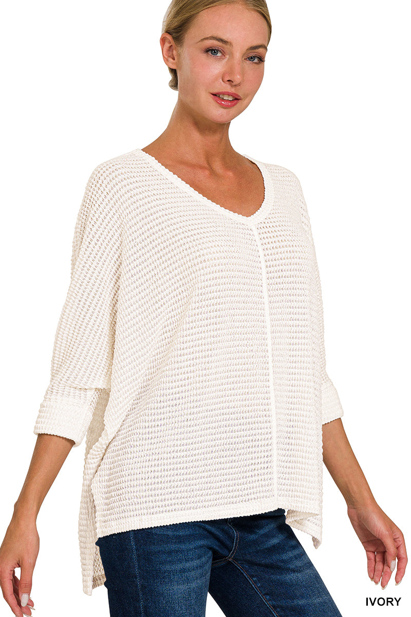 3/4 SLEEVE V-NECK HI-LOW HEM JACQUARD SWEATER