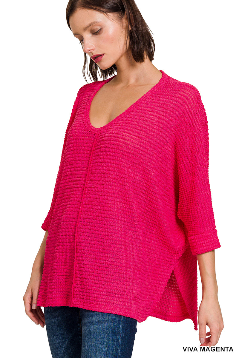 3/4 SLEEVE V-NECK HI-LOW HEM JACQUARD SWEATER