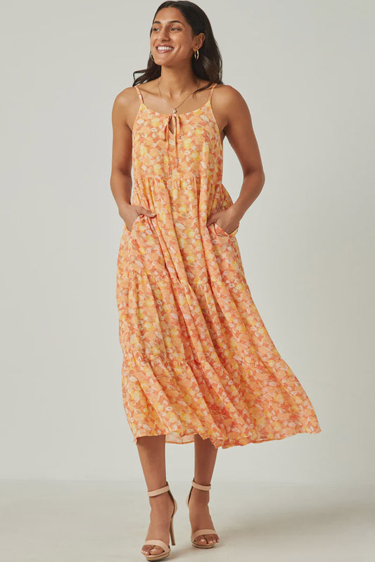 Orange Floral Printed Tiered Tie Front Sleeveless Dress