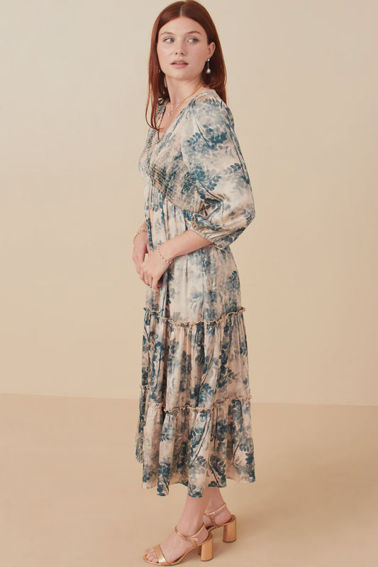 Botanical Panel Smocked V-Neck Satin Dress