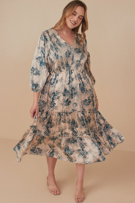 PLUS Botanical Panel Smocked V-Neck Satin Dress